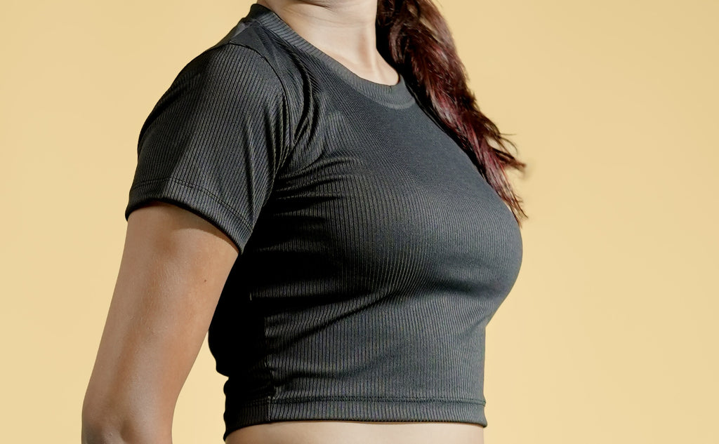 Midnight Ash Half Sleeves Fitted Crop Top