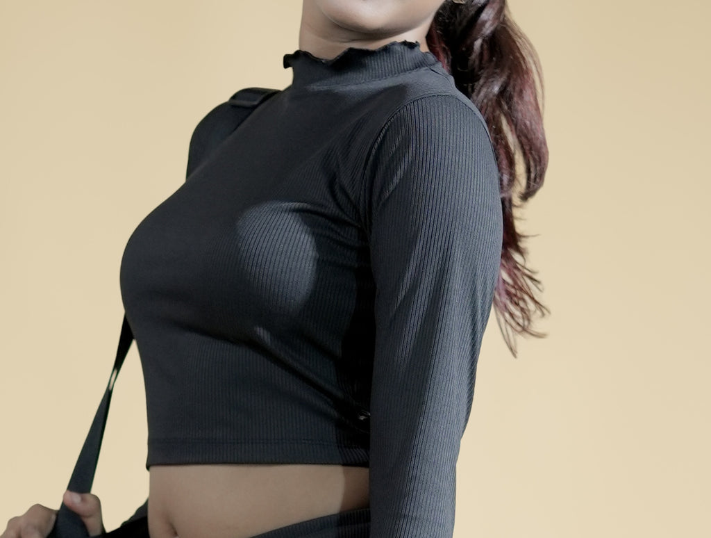 Midnight Ash Full Sleeves Mock Neck Fitted Crop Top