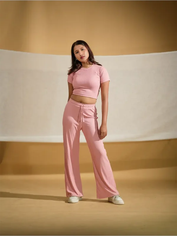 Dusty Rose Co-Ord Set (Half Sleeves Top and Wide Leg Pants)