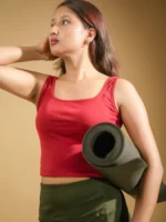 Maroon Red Square Neck Fitted Crop Top Ribbed Cotton for 2 way stretch