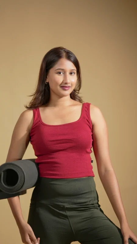 Maroon Red Square Neck Fitted Crop Top Ribbed Cotton for 2 way stretch