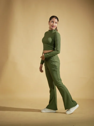 Midnight Ash Co-ord Full Sleeves Mock Neck Fitted Crop Top and Flared Leggings