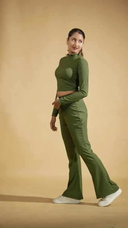Midnight Ash Co-ord Full Sleeves Mock Neck Fitted Crop Top and Flared Leggings