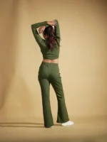 Midnight Ash Co-ord Full Sleeves Mock Neck Fitted Crop Top and Flared Leggings - Image 2