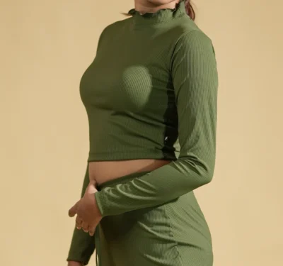 Midnight Ash Co-ord Full Sleeves Mock Neck Fitted Crop Top and Wide Leg Pants