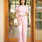 Dusty Rose Half Sleeves Fitted Crop Top