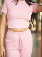 Dusty Rose Half Sleeves Fitted Crop Top - Image 3