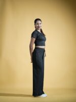 Midnight Ash Co-ord Half Sleeves Fitted Crop Top and Wide Leg Pants